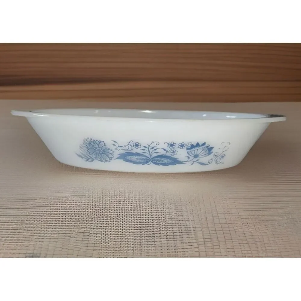 Vintage Milk Glass GlassBake “Blue Onion” “Blue Thistle” Oval Divided Dish